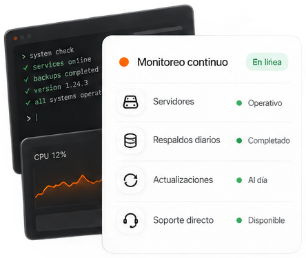 Monitoreo continuo de servidores, respaldos, actualizaciones y soporte